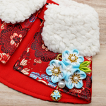 Spring Of Blessings in Red Blue Blossoms CNY Cape with White Fur Collar