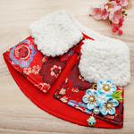 Spring Of Blessings in Red Blue Blossoms CNY Cape with White Fur Collar