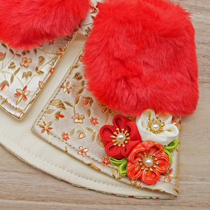 Spring Imperial Golden Mini Floral CNY Cape with Red Faux Fur Collar