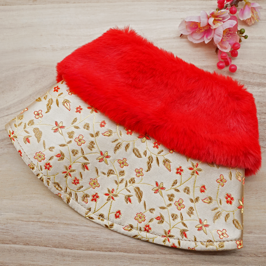 Spring Imperial Golden Mini Floral CNY Cape with Red Faux Fur Collar