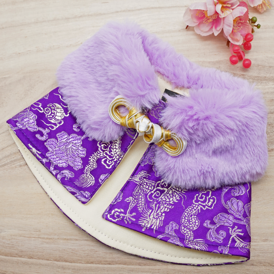 Spring Imperial Amethyst Silver Dragon CNY Cape with Violet Faux Fur Collar