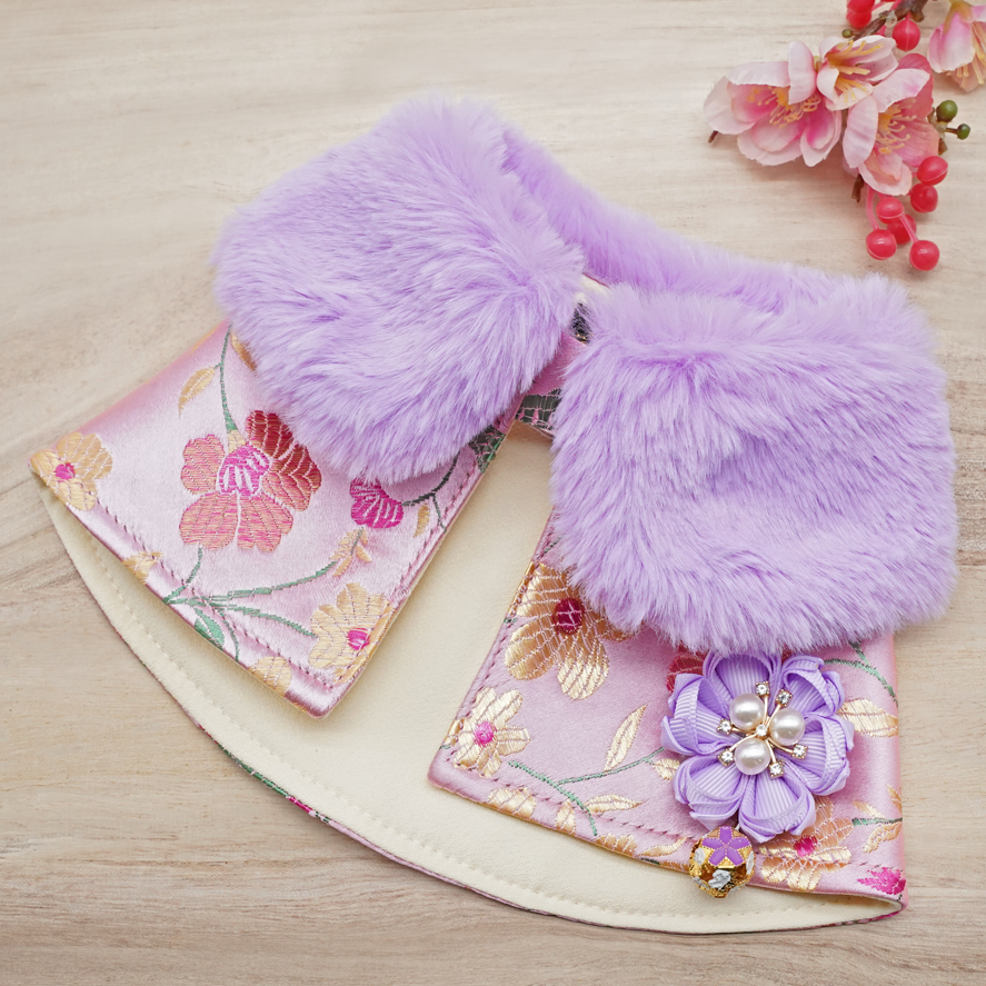 Spring Imperial Pastel Floral CNY Cape with Violet Faux Fur Collar