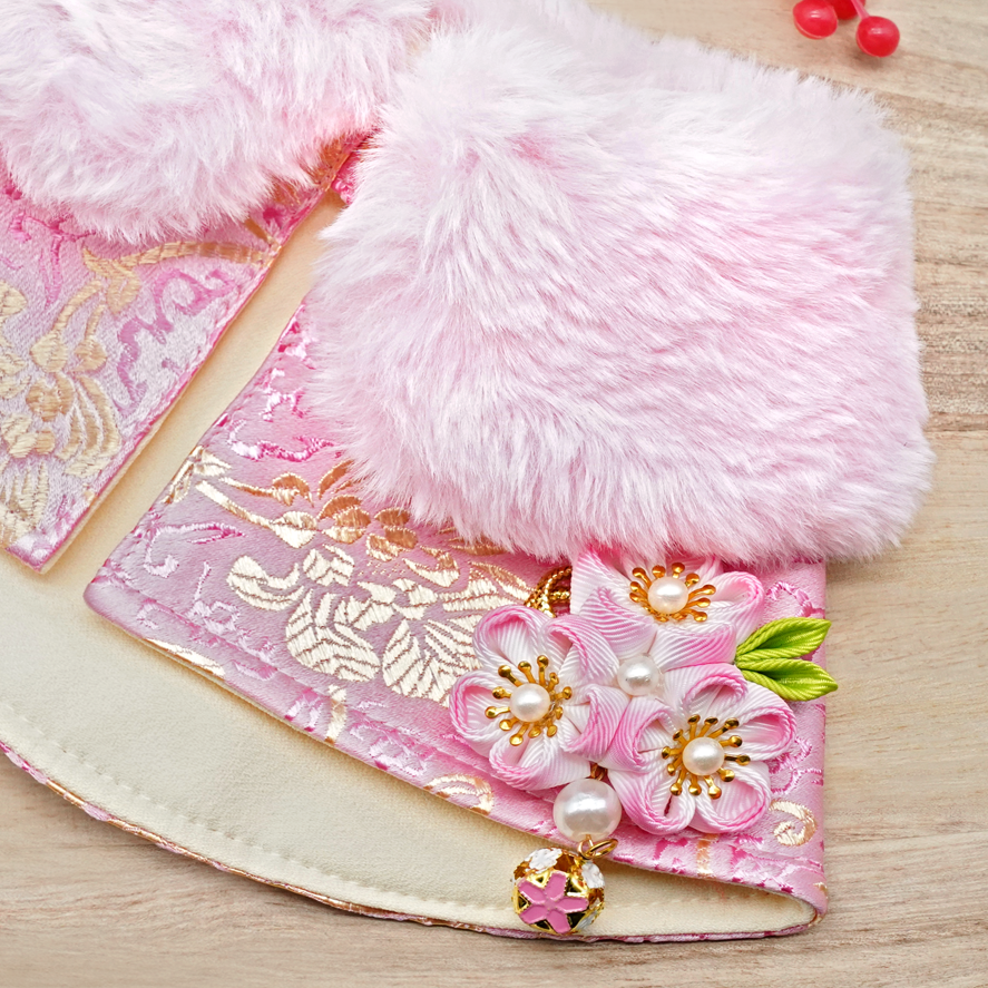 Spring Imperial Baby Pink Gold Phoenix CNY Cape with Baby Pink Faux Fur Collar