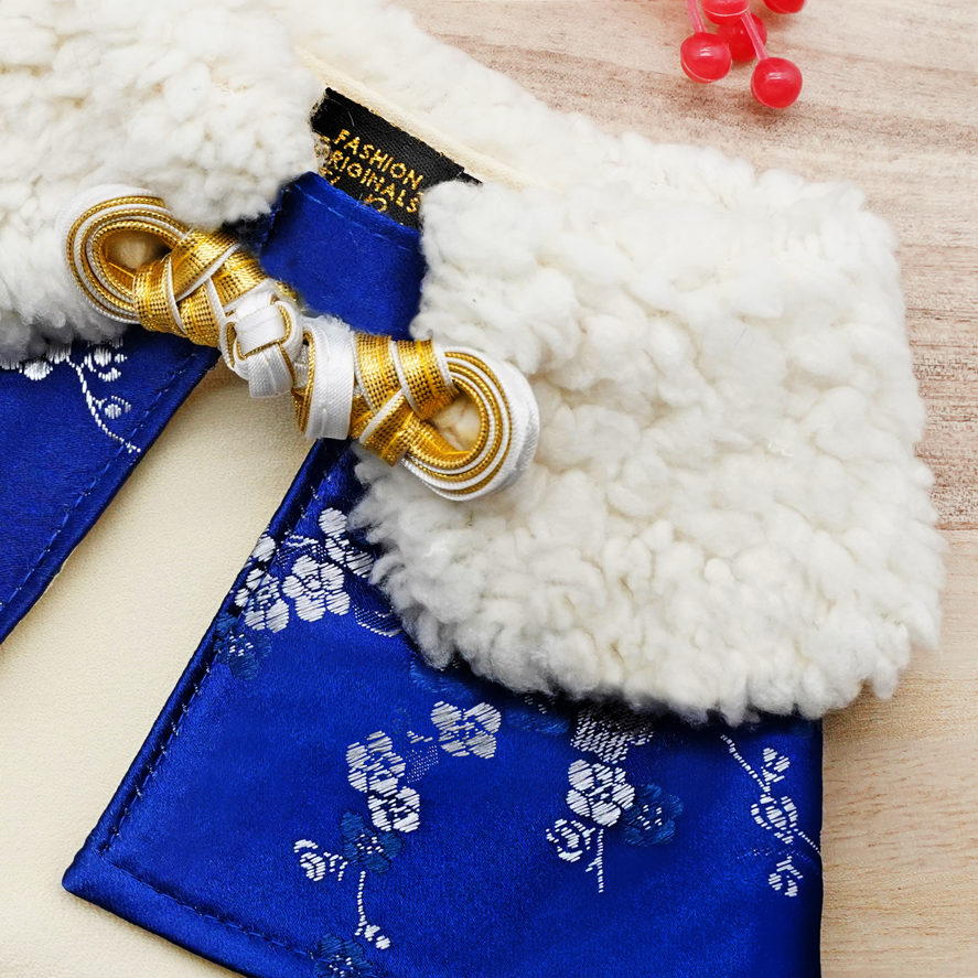 Spring Of Strength in Deep Royal Blue Blossoms CNY Cape with Faux Fur Collar