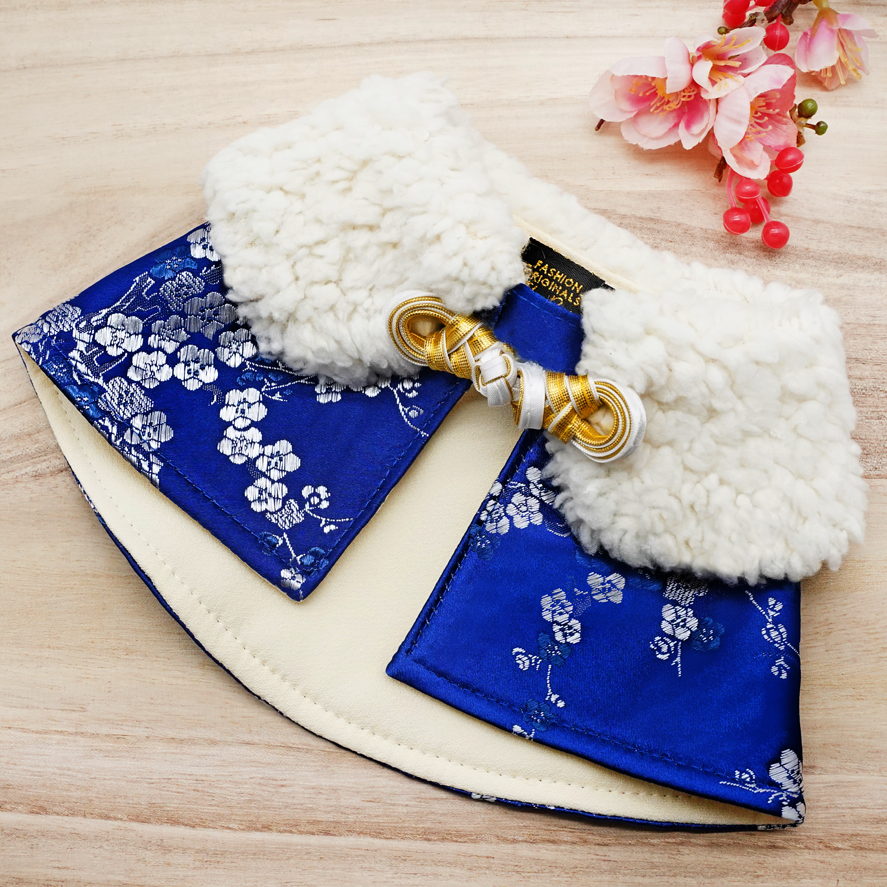 Spring Of Strength in Deep Royal Blue Blossoms CNY Cape with Faux Fur Collar