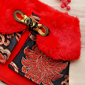 Spring Of Prosperity in Royal Scarlett CNY Cape with Faux Fur Collar