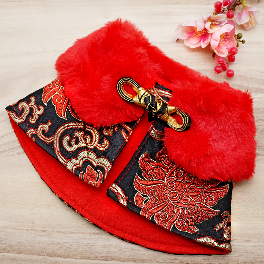 Spring Of Prosperity in Royal Scarlett CNY Cape with Faux Fur Collar