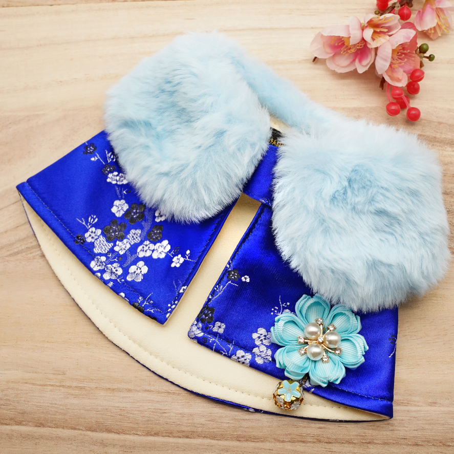 Spring Imperial Royal Blue Blossoms CNY Cape with Baby Blue Faux Fur Collar