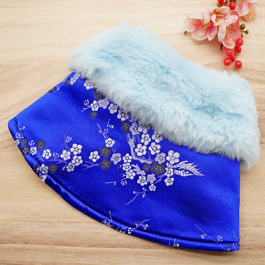 Spring Imperial Royal Blue Blossoms CNY Cape with Baby Blue Faux Fur Collar