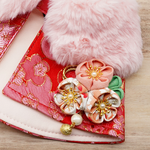 Spring Imperial Red Blossoms CNY Cape with Rose Pink Faux Fur Collar