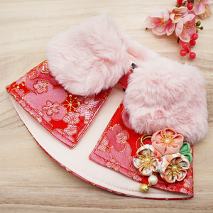 Spring Imperial Red Blossoms CNY Cape with Rose Pink Faux Fur Collar