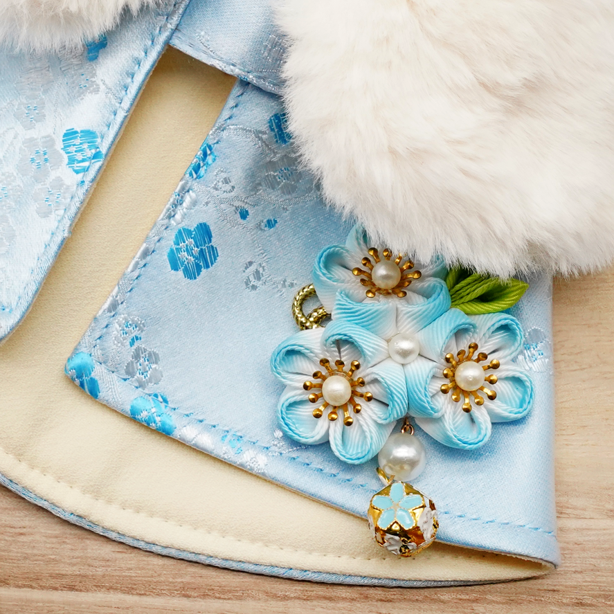 Spring Imperial Baby Blue Blossom CNY Cape with White Faux Fur Collar