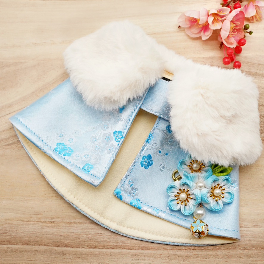 Spring Imperial Baby Blue Blossom CNY Cape with White Faux Fur Collar