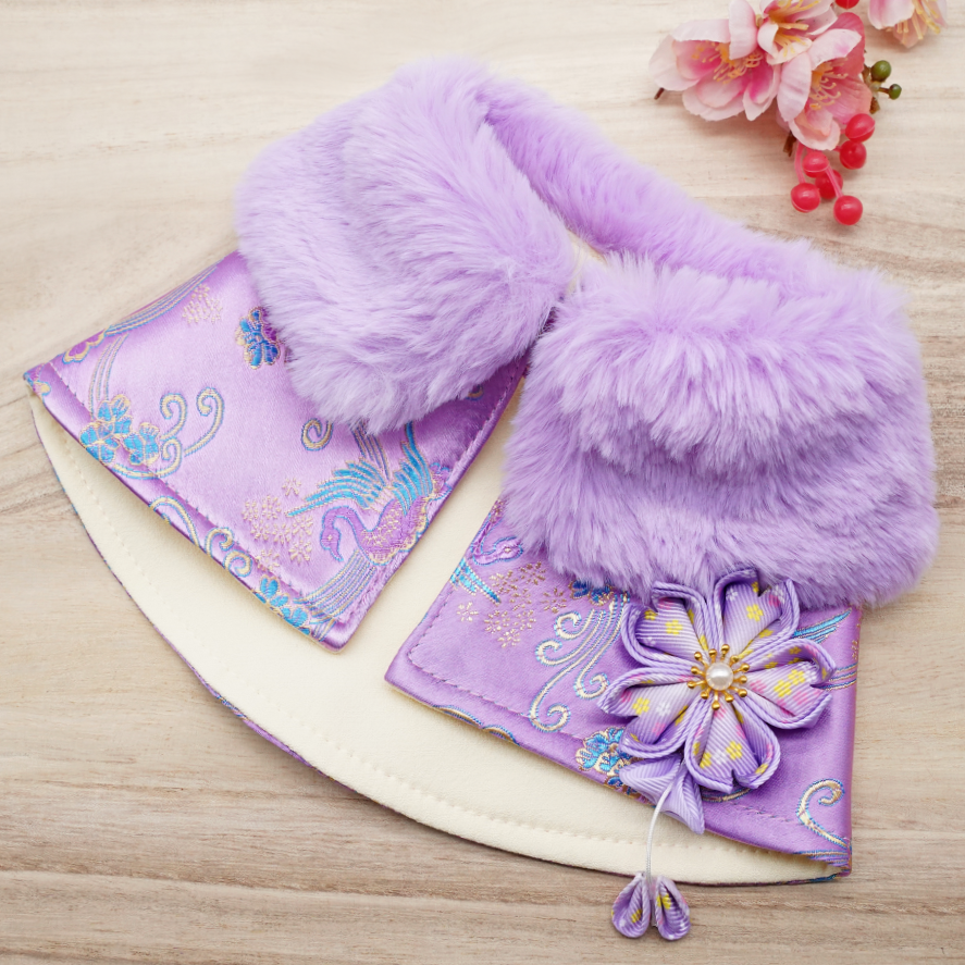 Spring Imperial Mauve Violet Blossom CNY Cape with Violet Faux Fur Collar