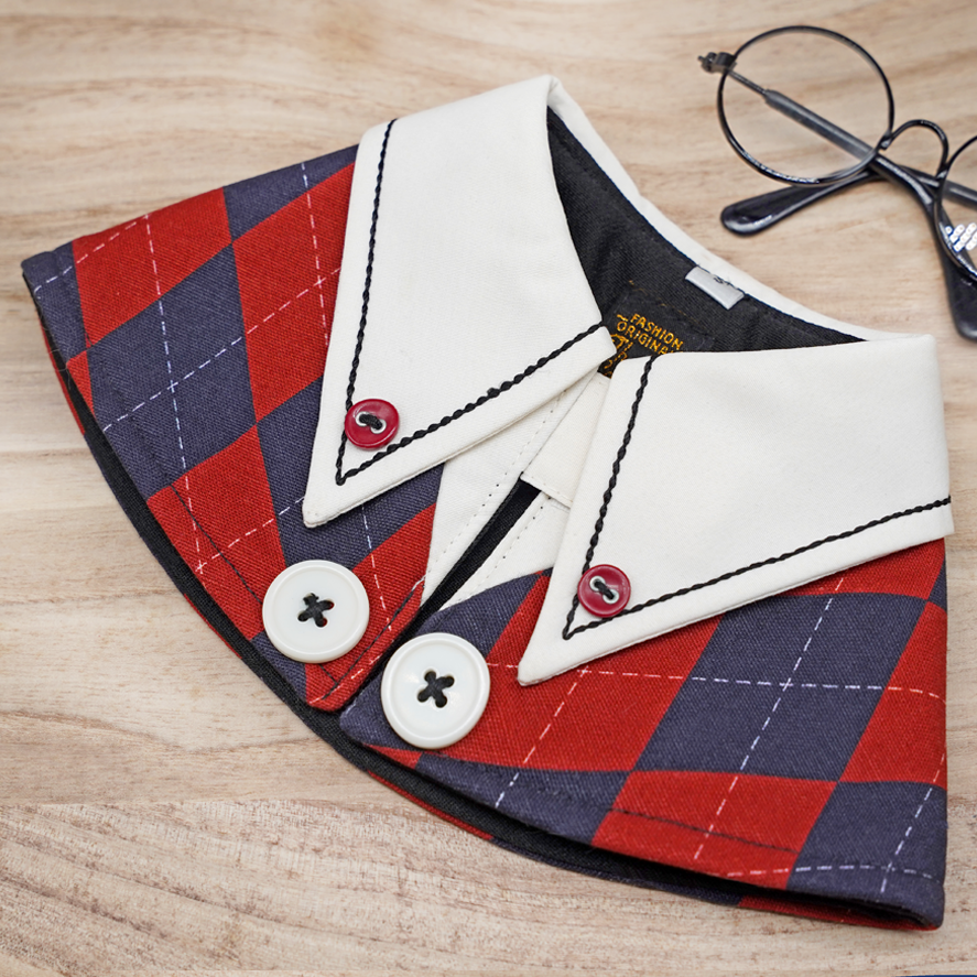 High School White Collar Cape in Red/Blue Harlequin