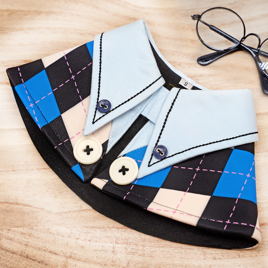 High School Light Blue Collar Cape in Sapphire Blue/Black Harlequin