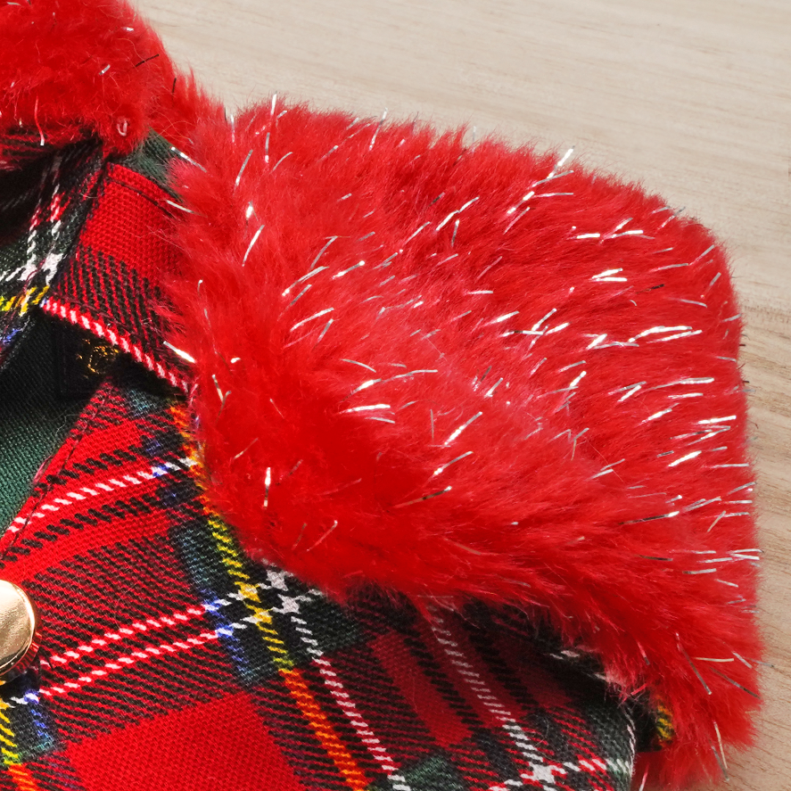 Silver Glitter Red Faux Fur Collar in Red/Green Tartan Trench Coat